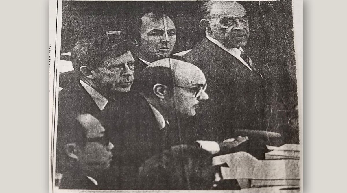 Mike, flanked by fellow members of OECD review panel. Photo from the Hong Kong Standard, March 30, 1982 archived at the Hoover Institution.